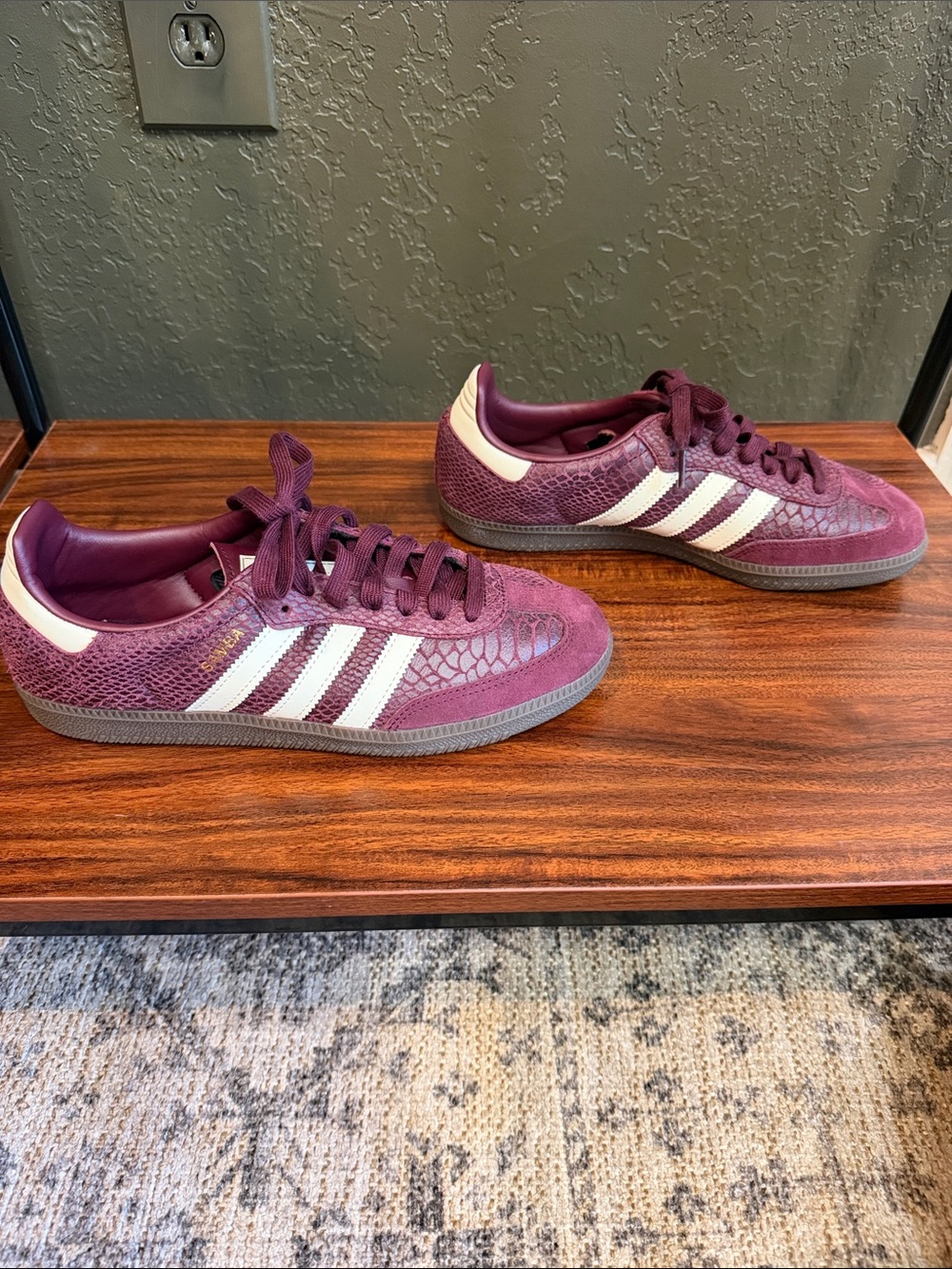 adidas Maroon Suede Trainers with White Stripes - Picture 4 of 8